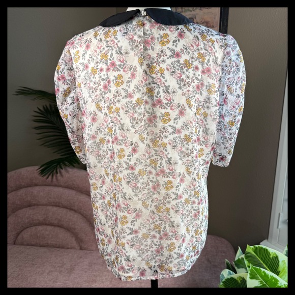 Floral Blouse Black Collar Sheer Pink Yellow Flowers Cute Top Size Small - Picture 7 of 12